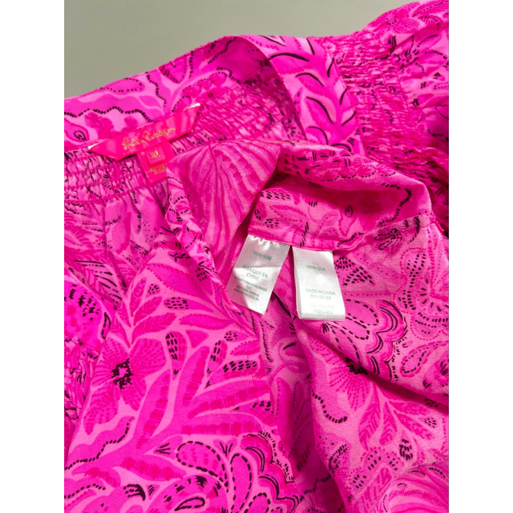 Lilly Pulitzer Womans Top Pink Black Floral Silk Blouse XL Resort Summer - Picture 4 of 7